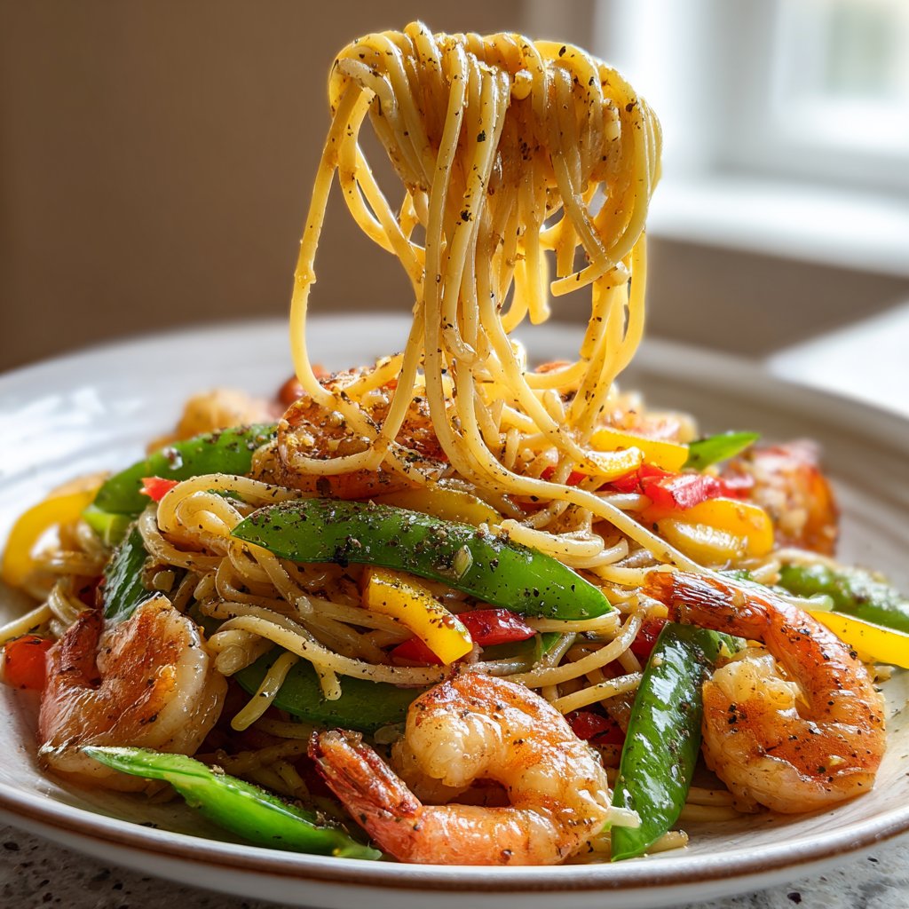 Shrimp Stir Fry with Spaghetti