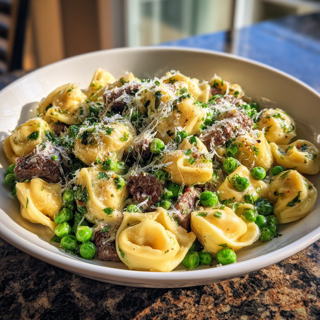 Garlic Steak Tortellini with Peas and Parmesan