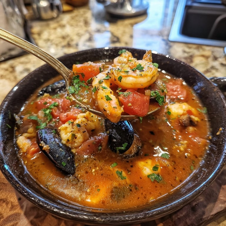 Fisherman's Stew with Roasted Garlic Crostini